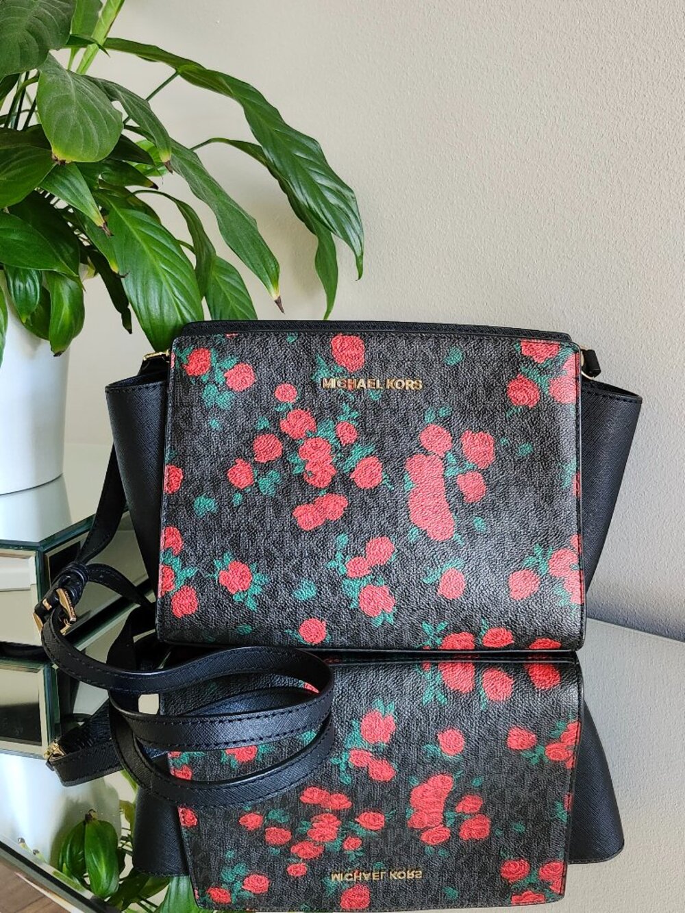 Michael Kors Mercer Medium Floral Print Leather Satchel – Black/Red – NWOT